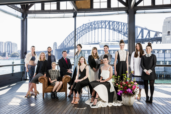 L-R: Model wearing We Are Handsome, Katinka and Jeremy Somers (We Are Handsome), Eva Galambos (Parlour X), NSW Minister for Trade, Tourism and Major Events Stuart Ayres, Model wearing Bianca Spender, Bianca Spender, Emily Weight (IMG), Johnny Schembri (By Johnny), model wearing By Johnny, model wearing Macgraw, Beth Macgraw and Tessa Macgraw (Macgraw).